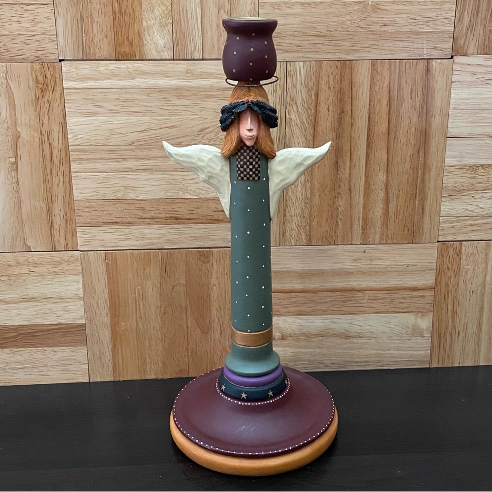 1997 Williraye Studio Folk Art Angel Holiday 12” Candlestick Resin Candle Holder